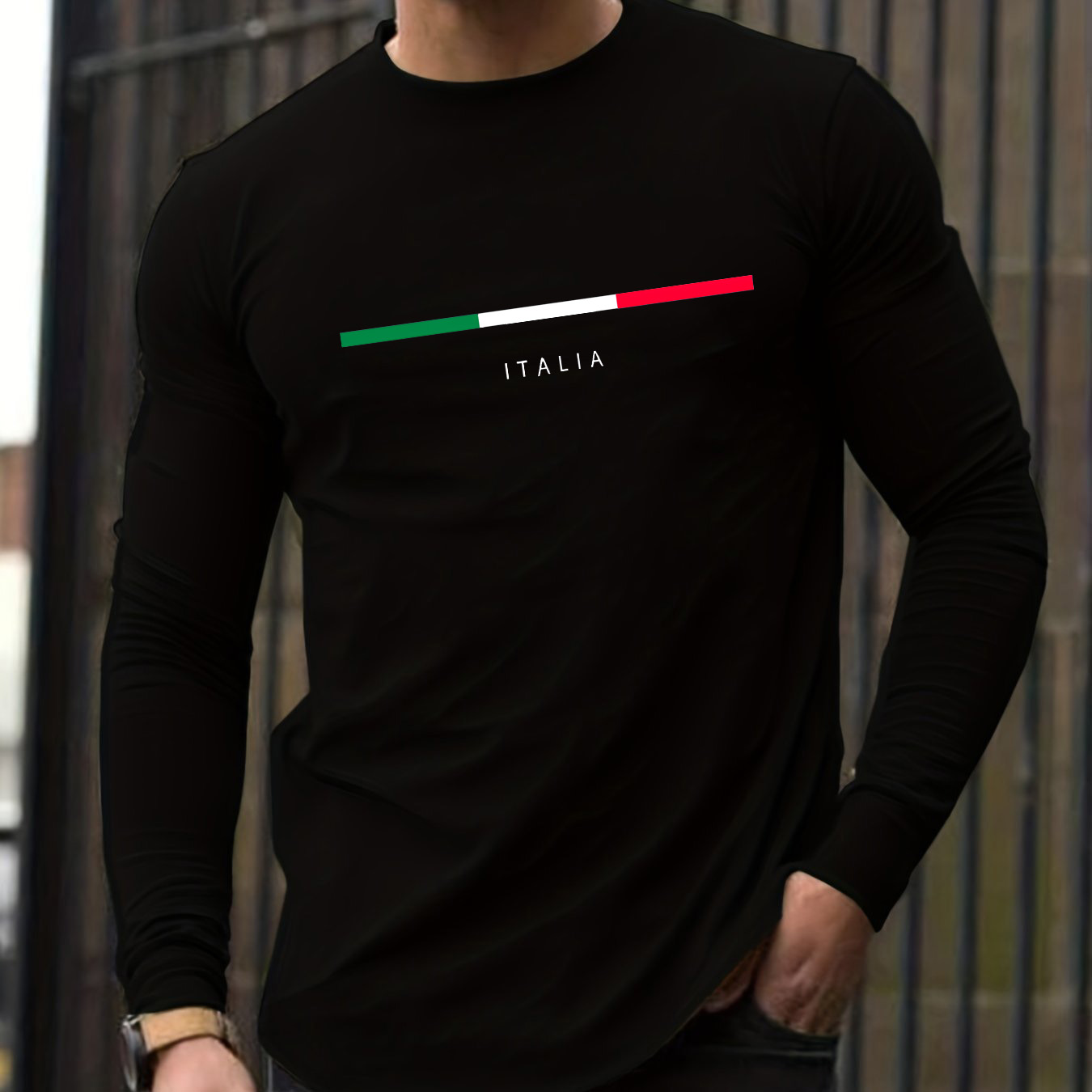 Men'S Fashion T Shirts - 100％純綿を使用した、メンズ用長袖、ラウンドネック、ゆったりとしたシルエットの、イタリア柄プリントが施された、春と秋に着用できるカジュアルで汎用性の高いTシャツ。