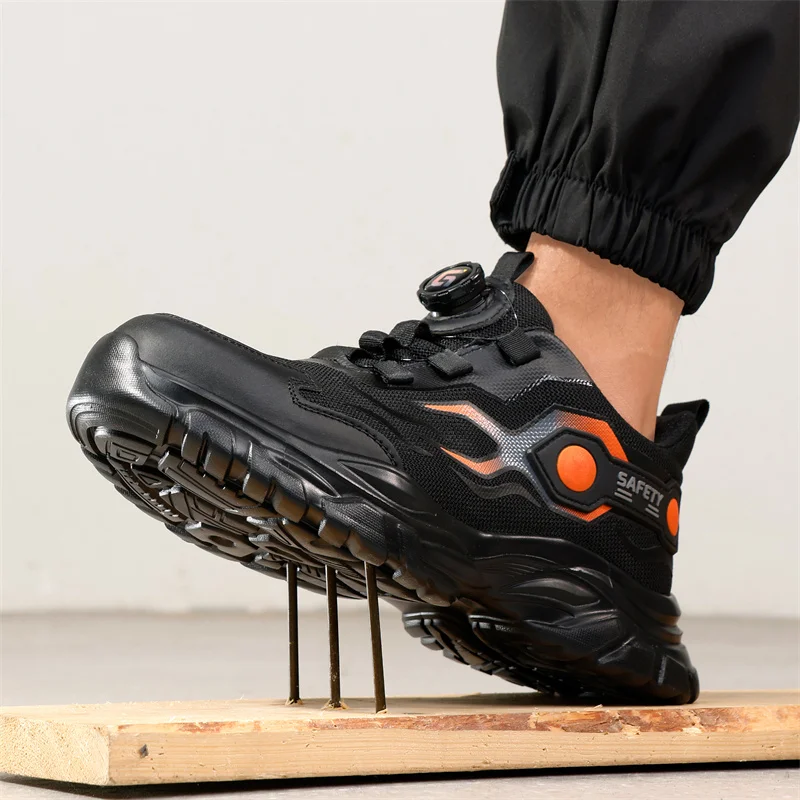 Mens Fashion Trainers - 男性鋼つま先作業靴ファッション安全靴軽量回転ボタンアンチスマッシュ保護スニーカー作業安全ブーツ