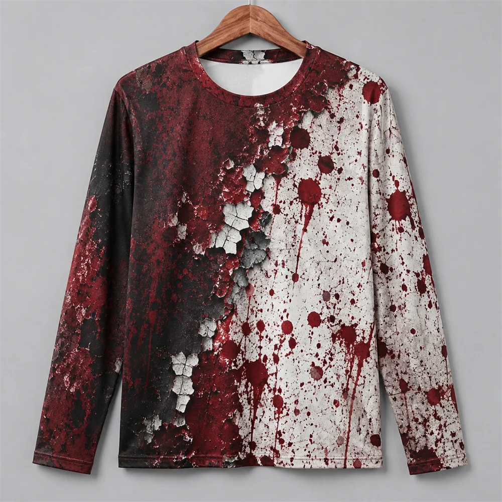 Mens Fashion Summer - 3Dプリントのホラー柄、赤い血痕模様のハロウィン長袖Tシャツ。男性用、ヴィンテージ風、ハロウィンパーティーに最適、個性的なOOTD（オーダー・オブ・ザ・デイ）スタイルに。