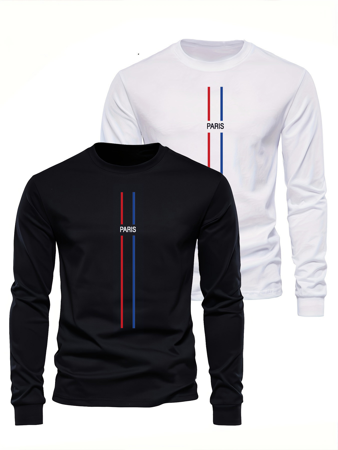 Men'S Fashion T Shirts - 100％純綿を使用した、メンズ用長袖、ラウンドネック、ゆったりとしたシルエットのカジュアルTシャツ。パリの模様がプリントされており、春と秋に着用できる、汎用性の高いトップス。