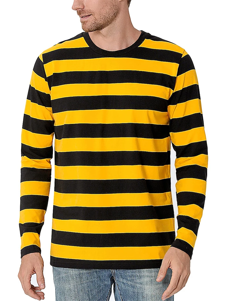 Mens Fashion Clothes - ファッション性の高いコントラストストライプの3Dプリントが施された、メンズ用長袖Tシャツ。カジュアルなデザインで、Oネック、オーバーサイズ。ポリエステル素材。