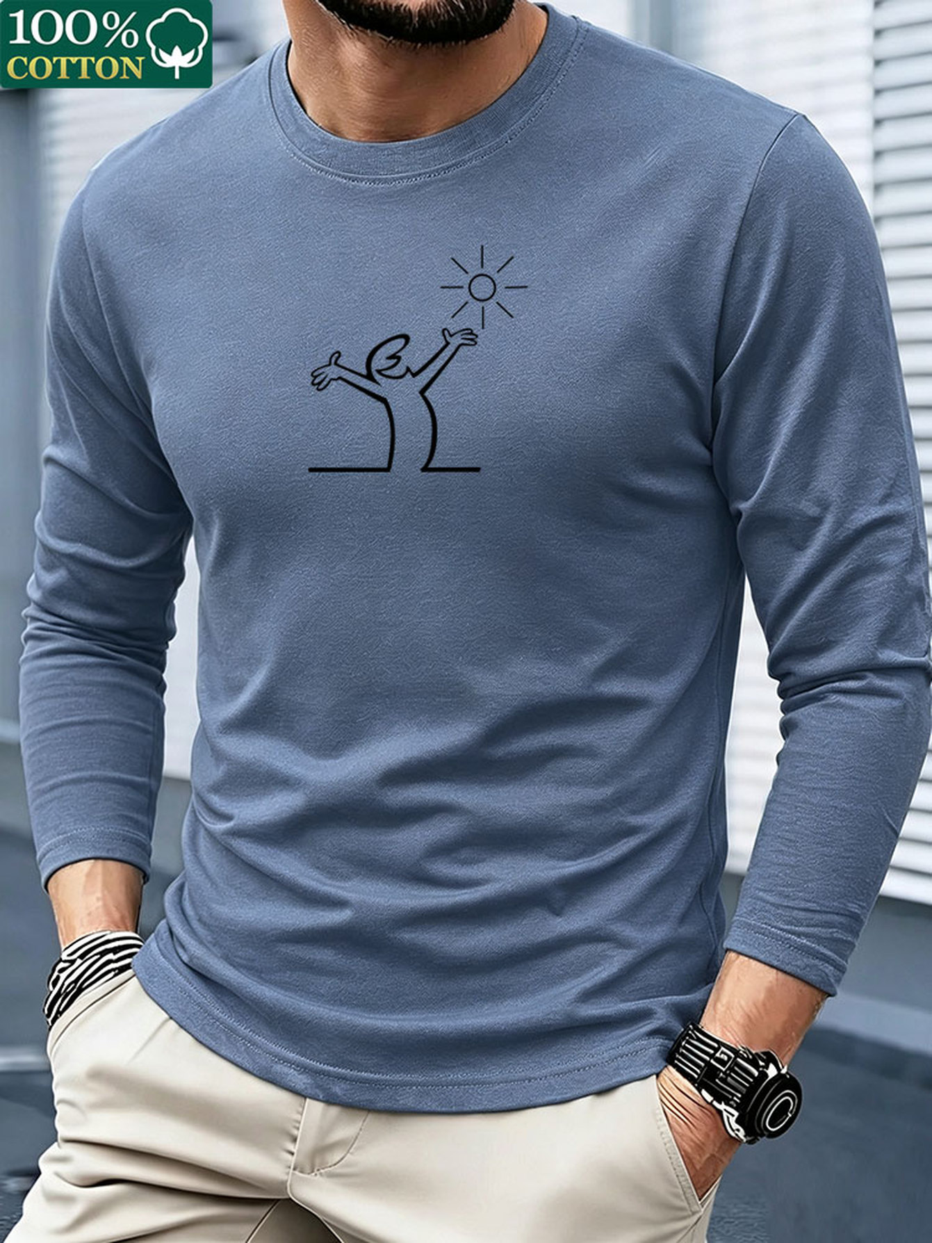 Mens Fashion Summer - メンズ用、綿100％、長袖Tシャツ、クルーネック、カジュアルで快適、普段使いに最適なベーシックなトップス、アウトドアやレジャーに、春と秋に着用可能。