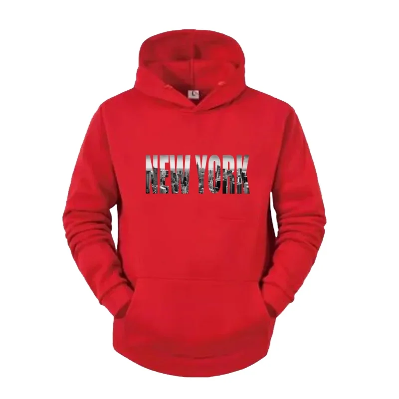 Men'S Fashion New York - メンズ、秋冬、カジュアル、ゆったりとしたシルエット、ニューヨークの高層ビル群、街並み、風景柄プリント、フード付きスウェットシャツ、プルオーバー。