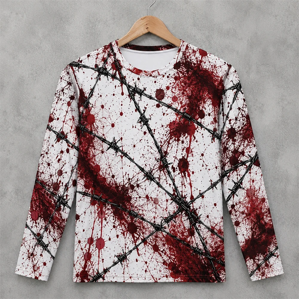 3Dプリントのホラー柄、赤い血痕模様のハロウィン長袖Tシャツ - Mens Fashion Summer のレビューと価格