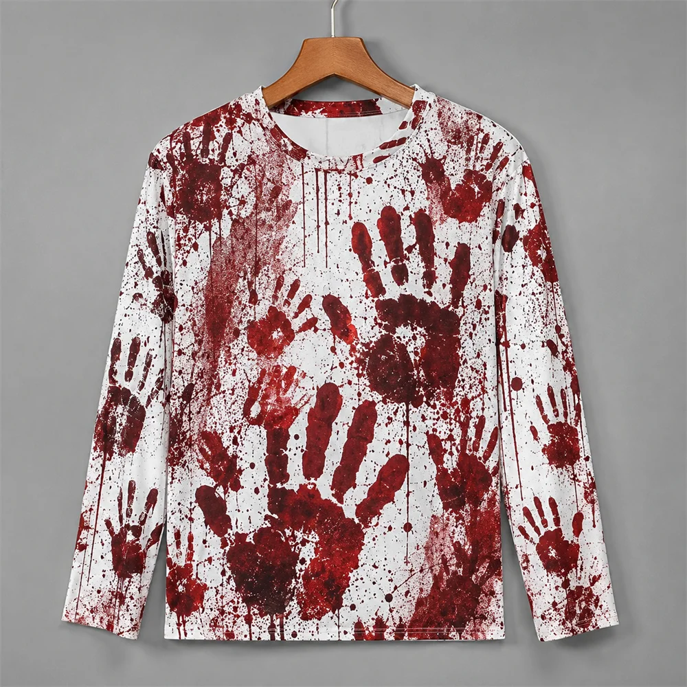 3Dプリントのホラー柄、赤い血痕模様のハロウィン長袖Tシャツ - Mens Fashion Summer のレビューと価格