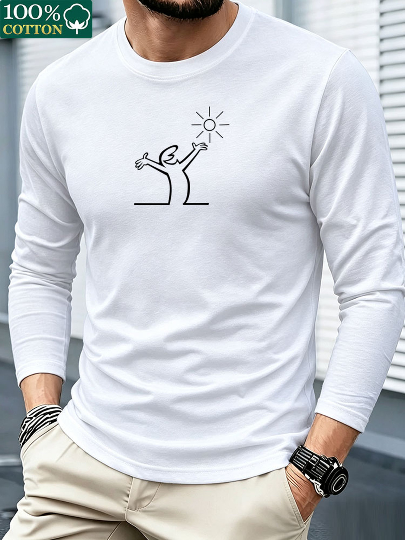 メンズ用、綿100％、長袖Tシャツ、クルーネック、カジュアル - Mens Fashion Summer のレビューと価格