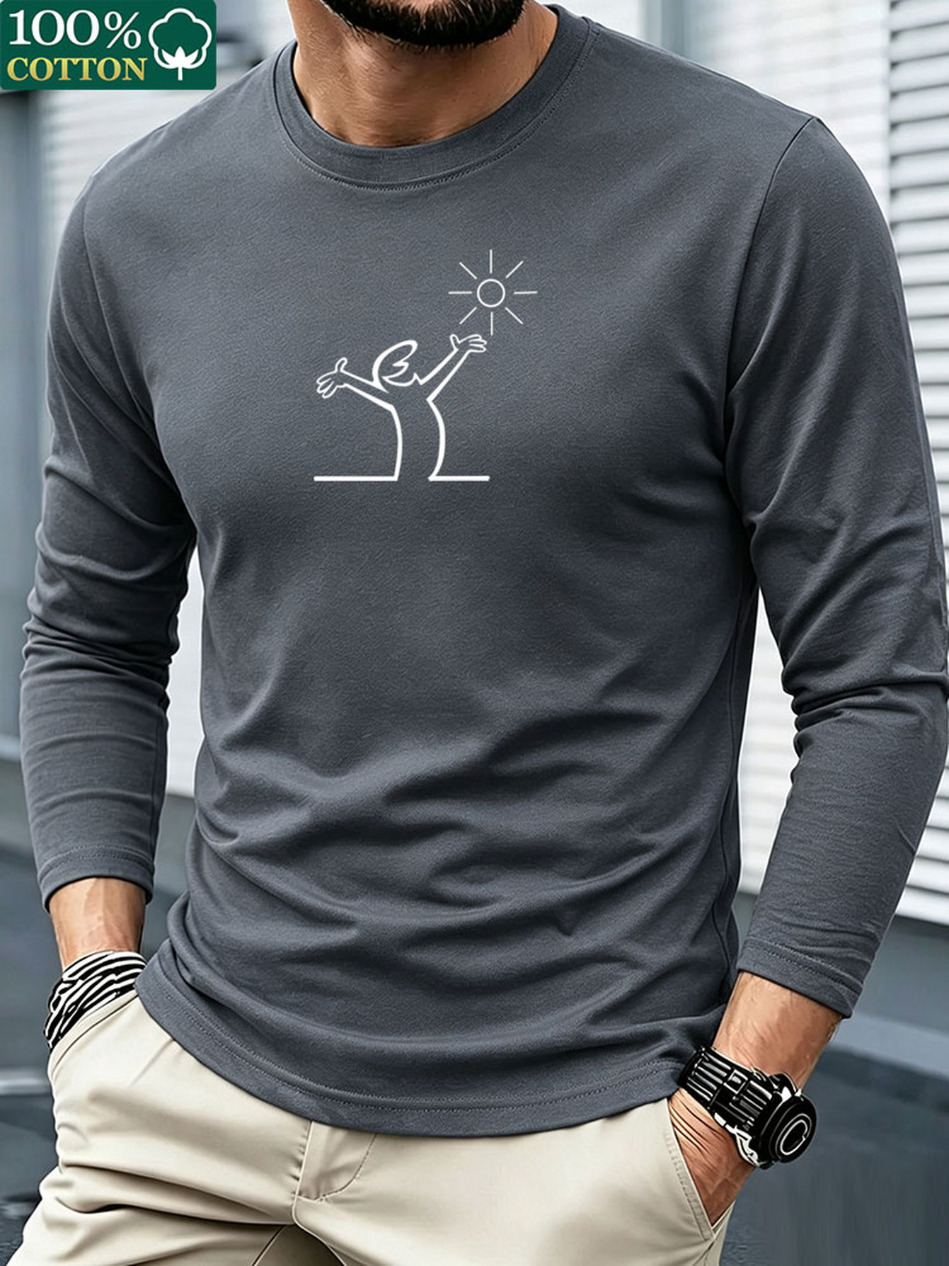 メンズ用、綿100％、長袖Tシャツ、クルーネック、カジュアル - Mens Fashion Summer のレビューと価格