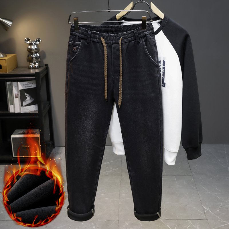 メンズ 冬用 新しいフリース素材のジーンズ、伸縮性のあるドロ - Men'S Fashion Grey Jeans のレビューと価格